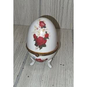 VINTAGE 4" Porcelain Egg Rose's Floral Hinged Gold Trim Trinket Box